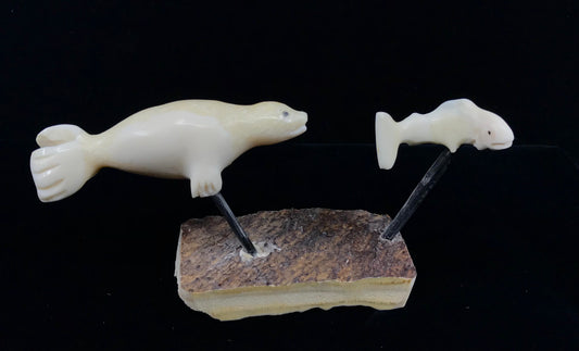 Ivory Carving- K. Wilson: Seal Chasing Fish, Antler, Baleen