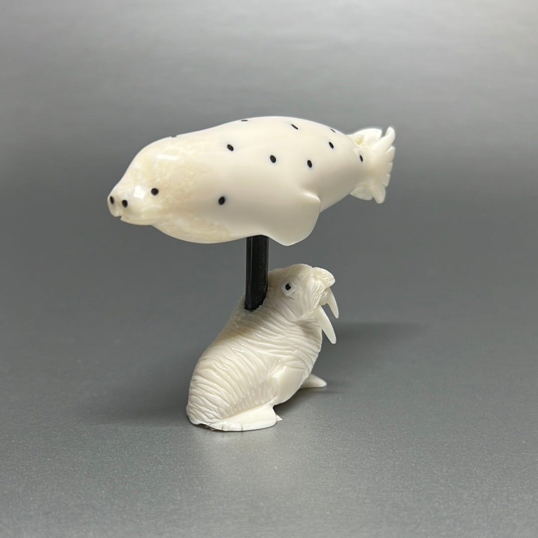 Ivory- Kaninguk;  Baleen, Spotted Seal on Carved Walrus
