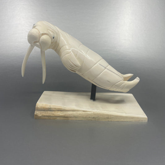 Ivory Sculpture- K. Pungowiyi: Swimming Walrus, Baleen Inlay, Base