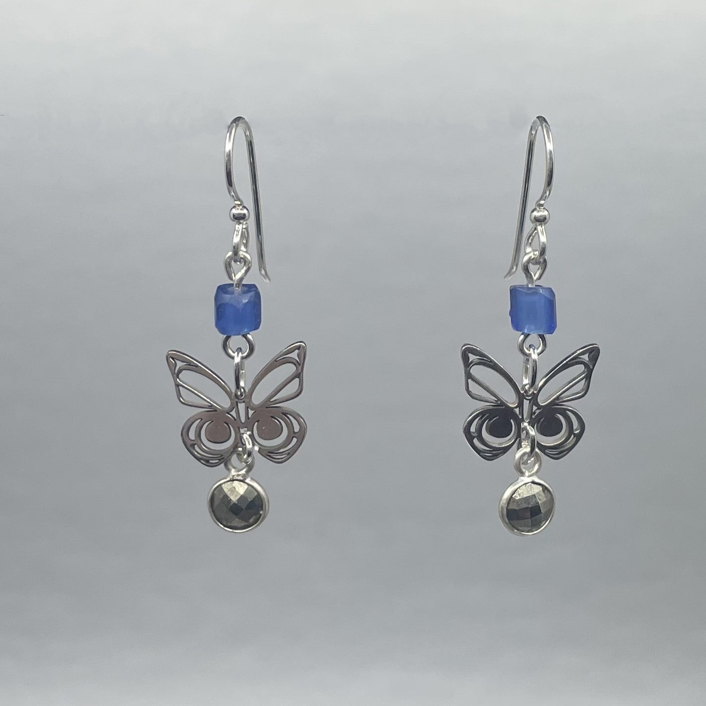 Asoyuf Mini Silver Butterfly Earrings with Trade Beads & Pyrite