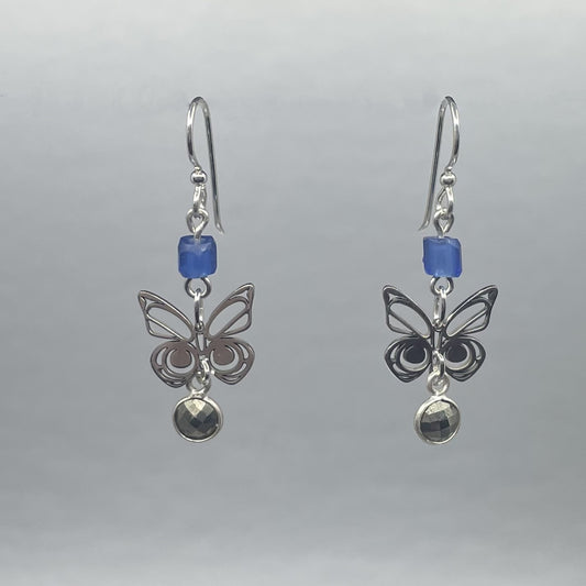 Asoyuf Mini Silver Butterfly Earrings with Trade Beads & Pyrite