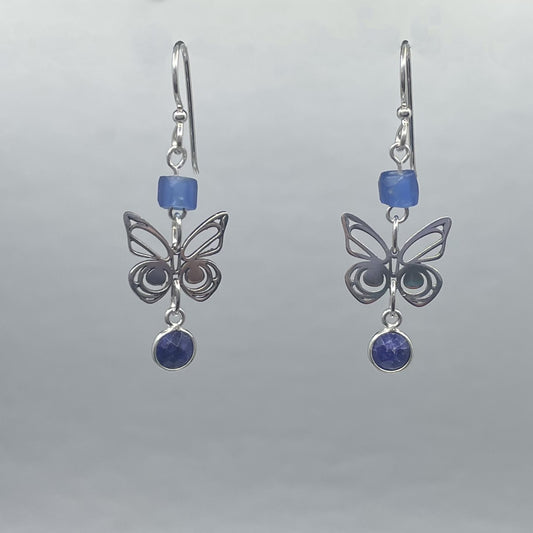 Asoyuf Mini Silver Butterfly Earrings with Trade Beads & Sapphire