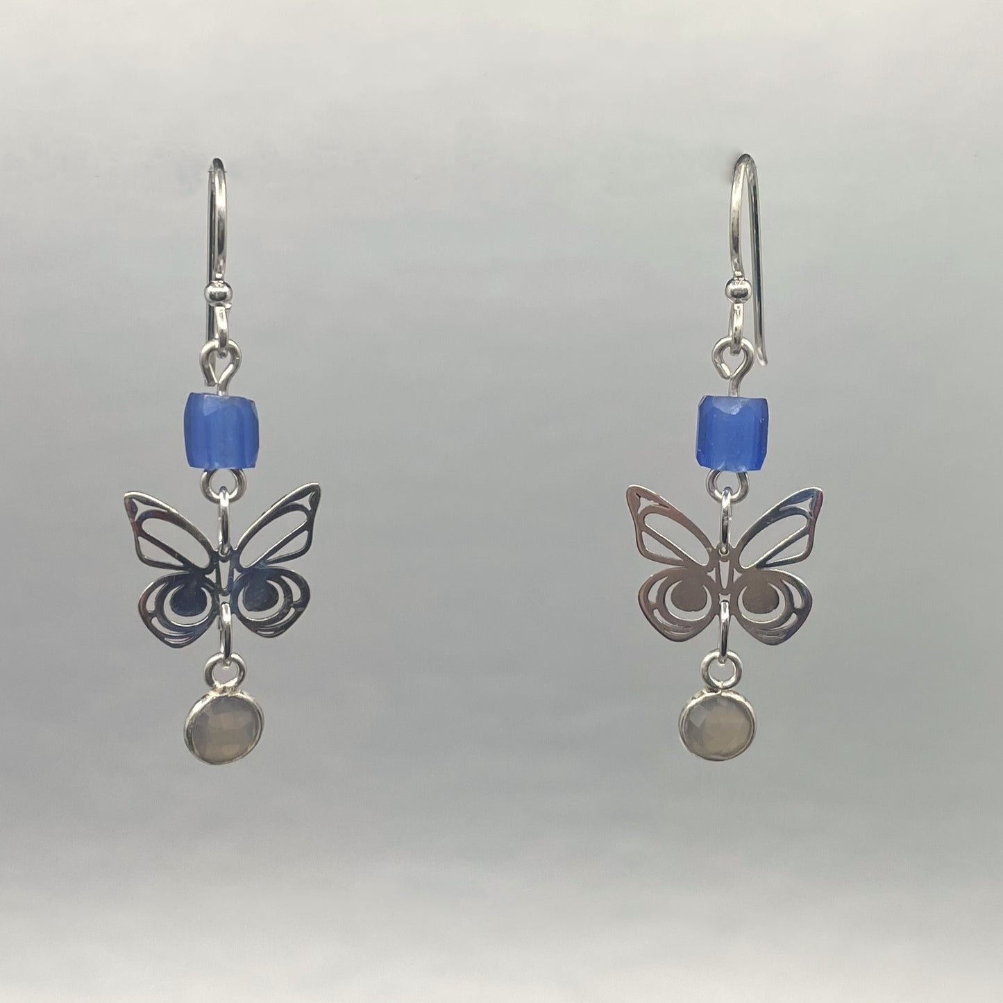 Asoyuf Mini Silver Butterfly Earrings with Trade Beads & Smoky Quartz