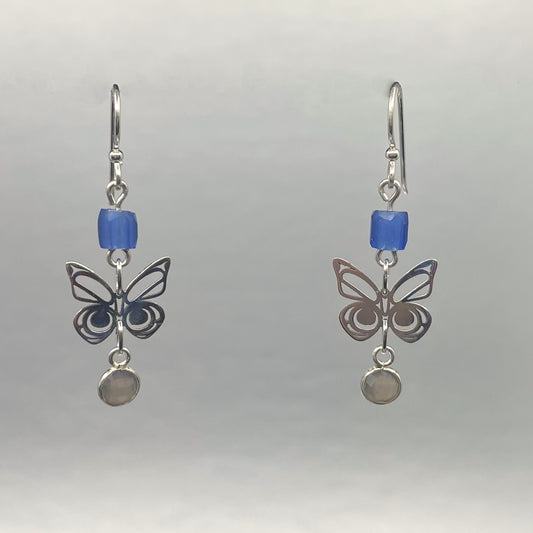 Asoyuf Mini Silver Butterfly Earrings with Trade Beads & Smoky Quartz