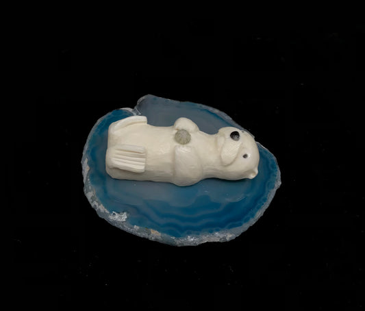Ivory Carving- D. Pungowiyi; Sea Otter Eating, Agate, Crab, Sea Urchin