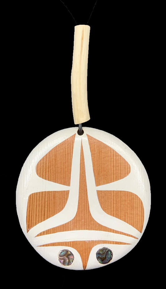 Pendant- C. Beck, Painted Cedar, Copper, Abalone, & Devil's Club, Abstract White