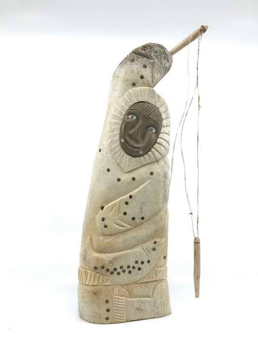 Whalebone Sculpture- D. Sinnok, Fisher, Dark Ivory Face & Inlays, 12"