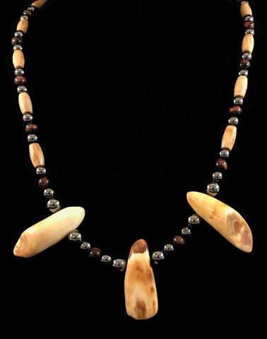 Necklace- D. El-Amin, Ivory, Tiger Eye and Hematite Beaded, Walrus Teeth