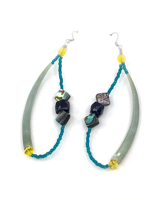 Earrings- D. Velez, Green Dentalium, Abalone, & Beads, Hoops