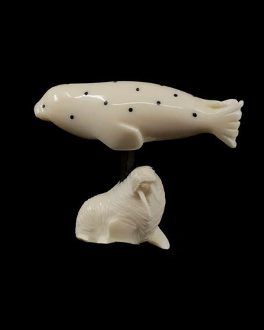Ivory- Kaninguk;  Baleen, Spotted Seal on Carved Walrus