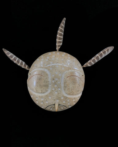 Spirit Mask- J. Saclamana, Fossilized Whalebone Disc w Feathers, Owl Spirit