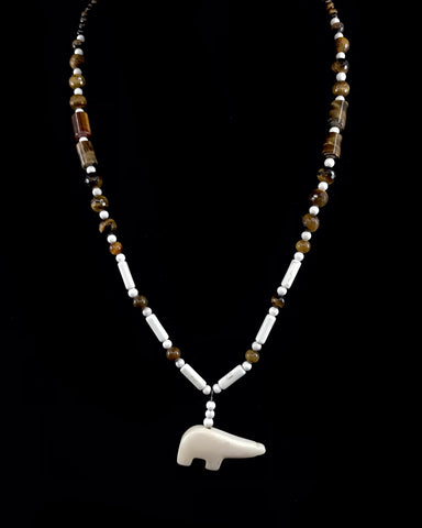 Pendant- Ivory Polar Bear, Brown & White Bead Necklace