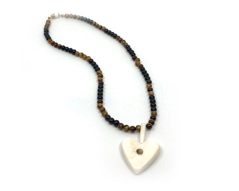 Necklace- V. Geffe, Ivory, Fossil, Tiger Eye, & Obsidian, Heart